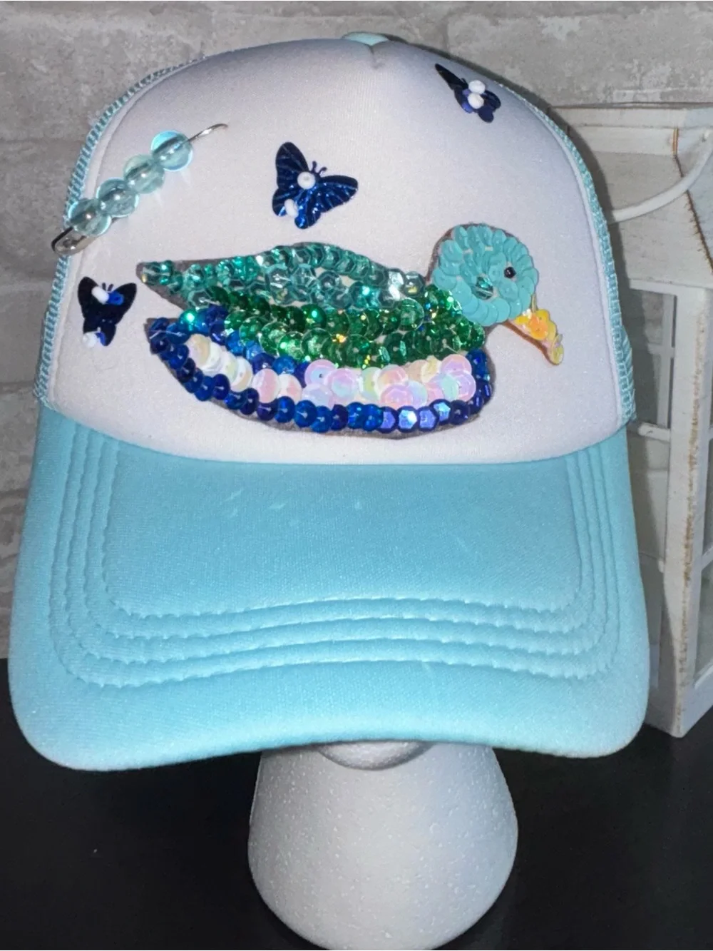 Handmade Sequin Design, Baby Blue, Duck Trucker Hat